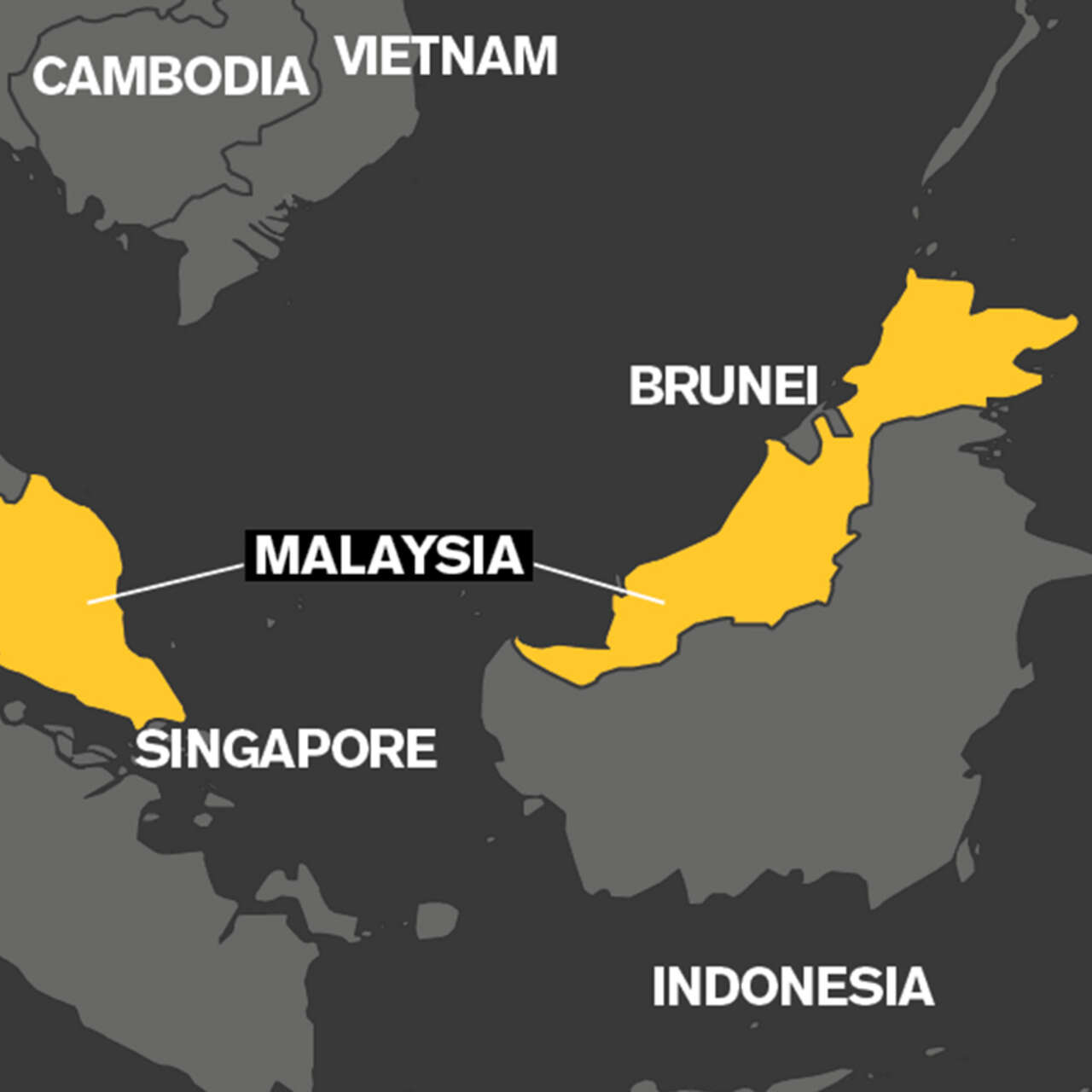 A map which highlights the country of Malaysia in yellow.