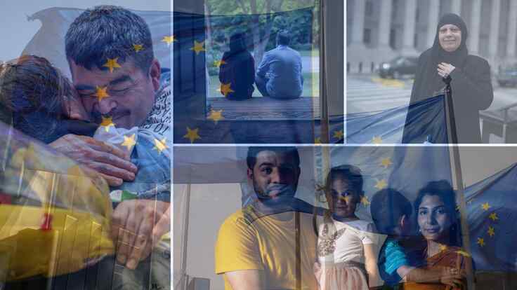 Collage of refugees being reunited with flag of EU in background