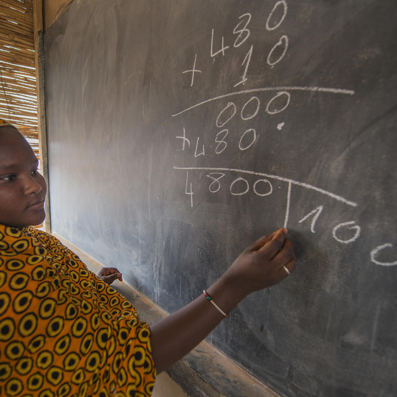 Woman writing on chalk board