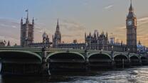 The Houses of Parliament in London as the sun sets