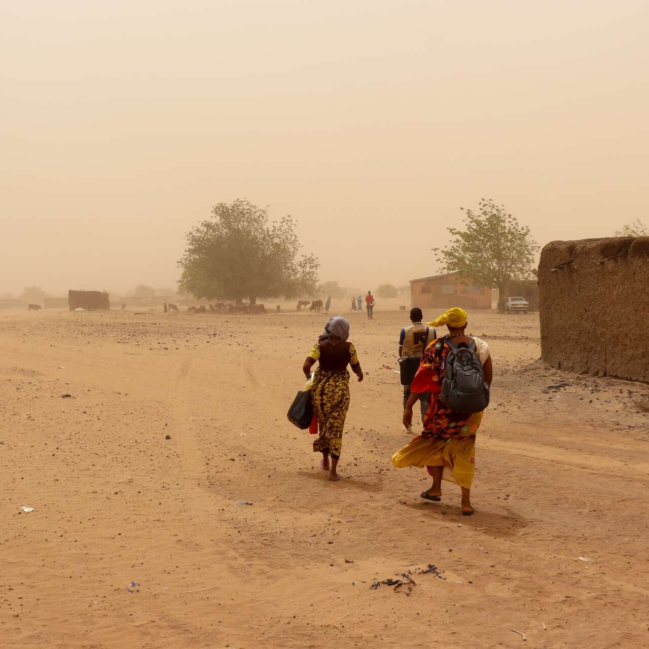 IRC staff members walk through a sandstorm outside of a town in Mali.