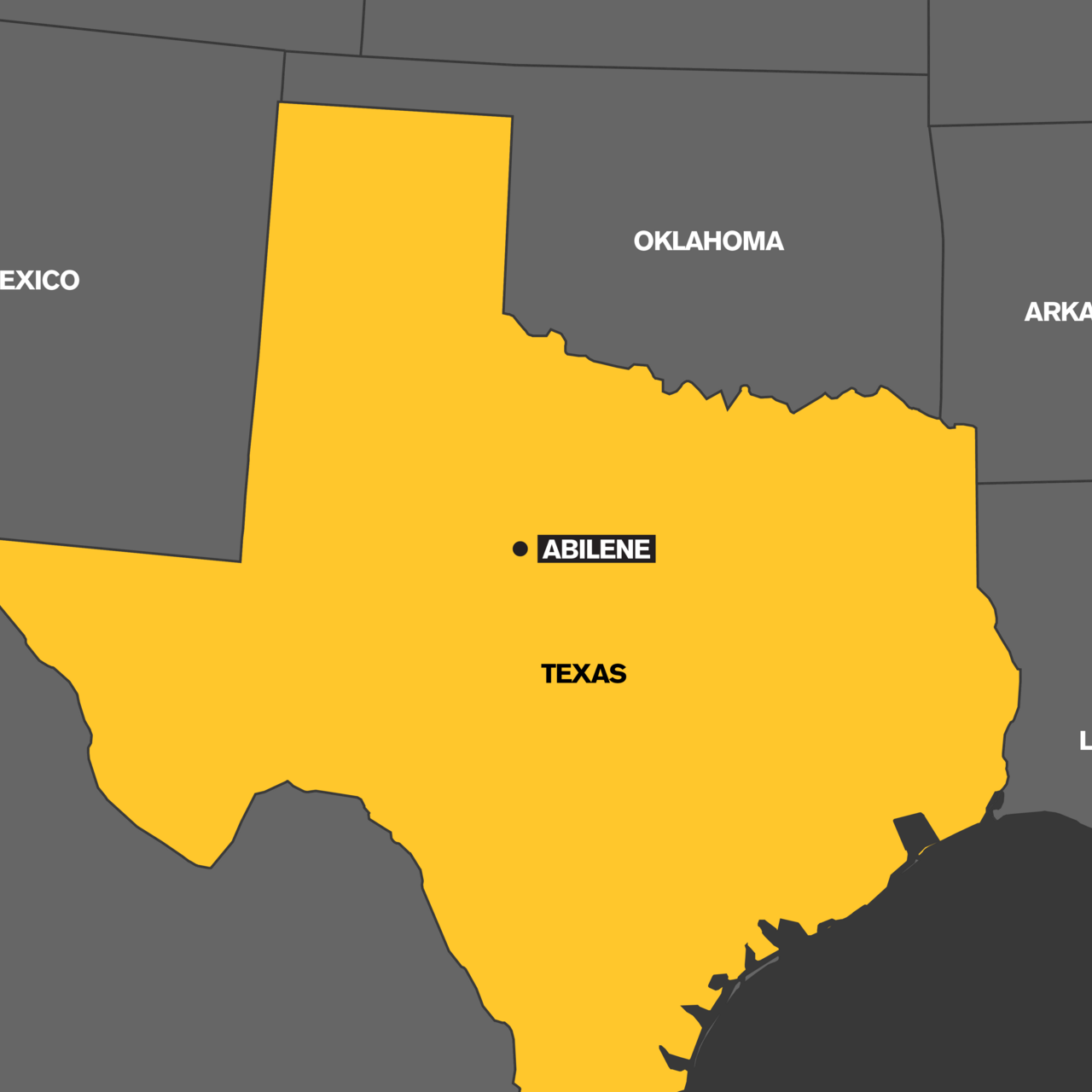 A map which highlights the state of Texas in yellow.