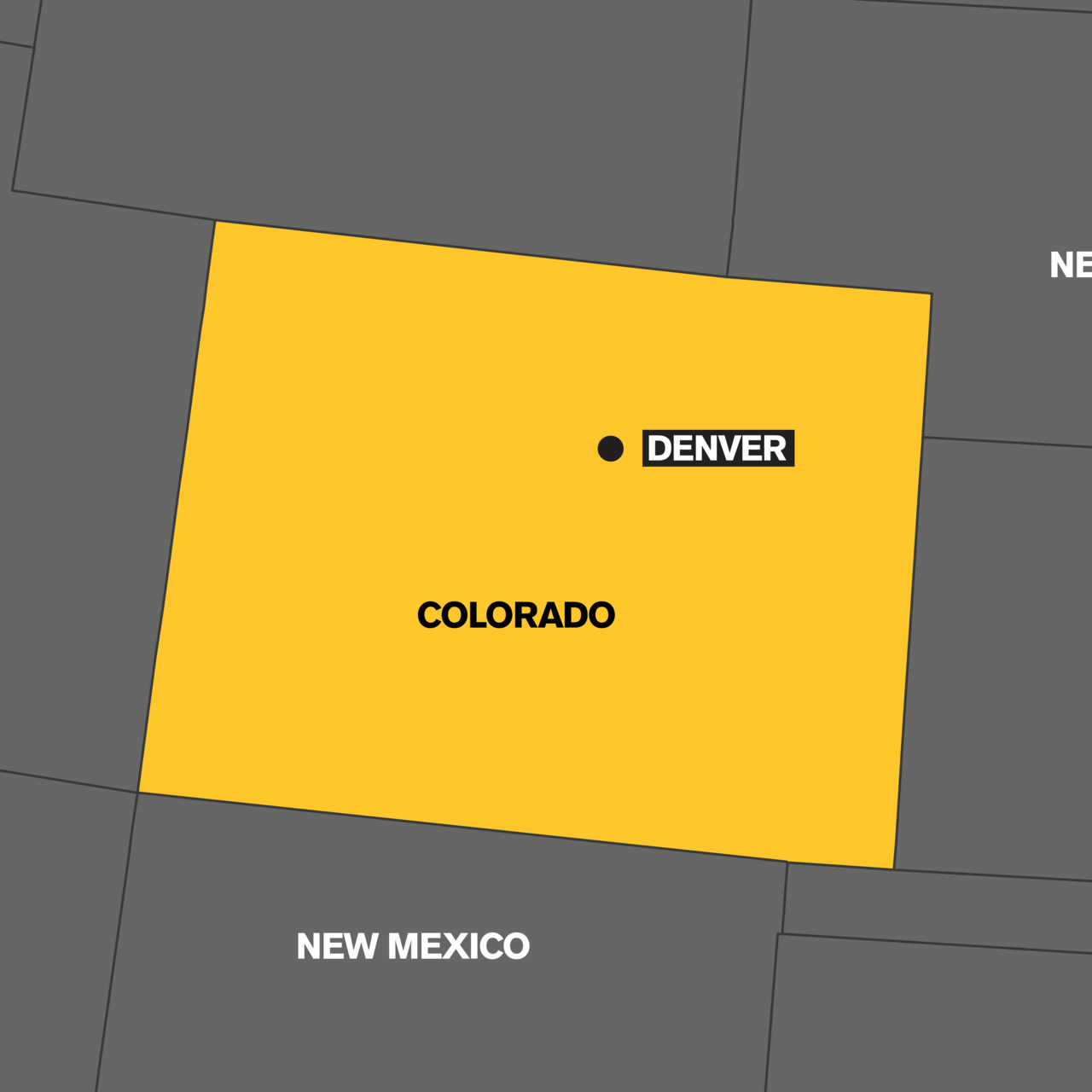 A map which highlights the state of Colorado in yellow.