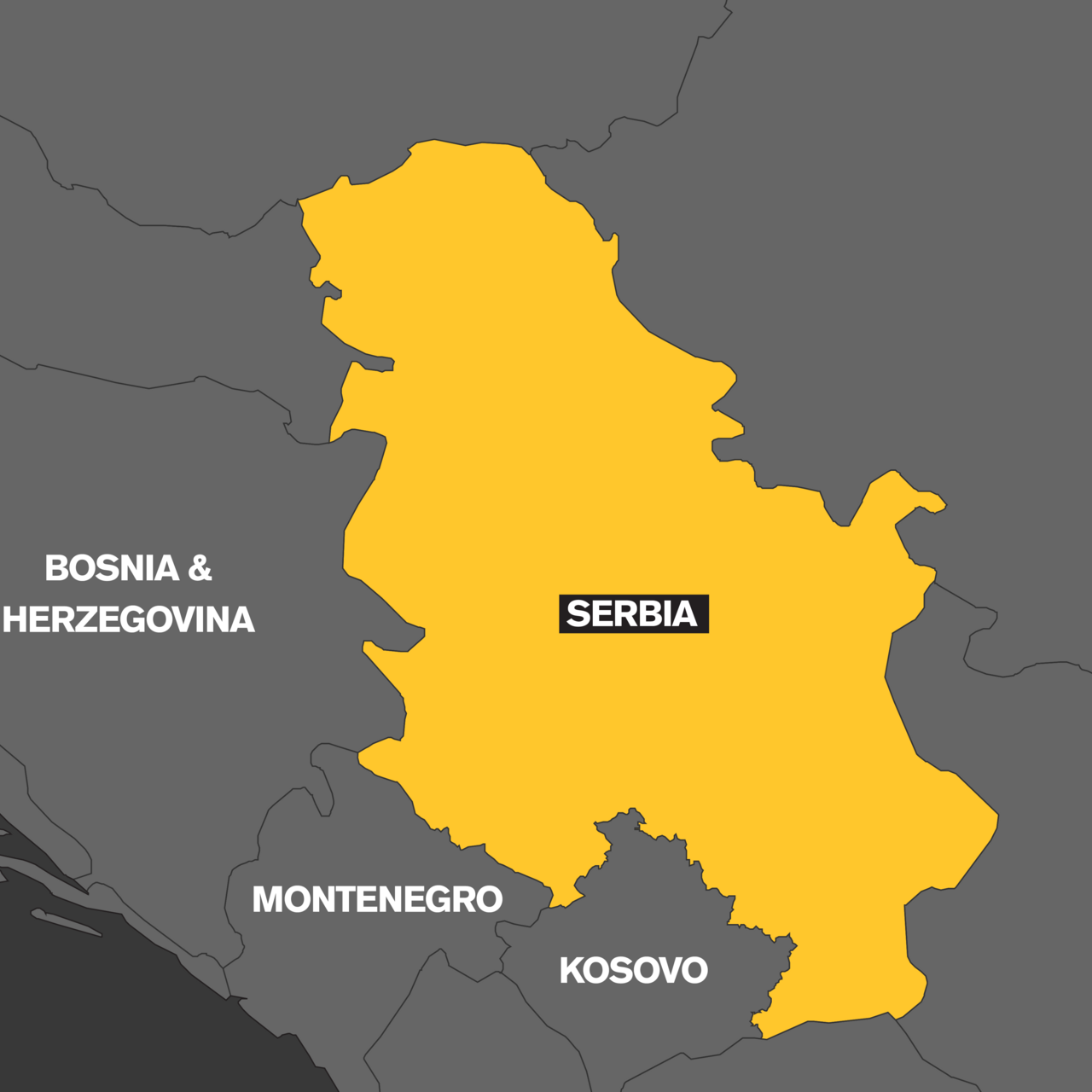 A map which highlights the country of Serbia in yellow.