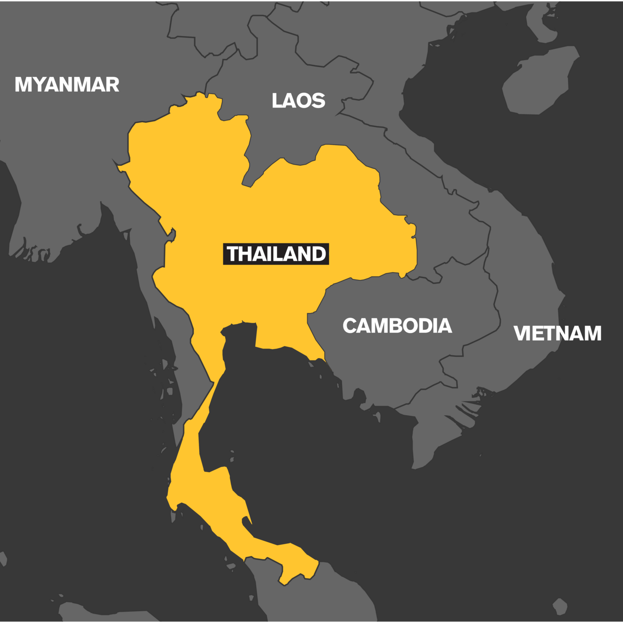 A map which highlights the country of Thailand in yellow.